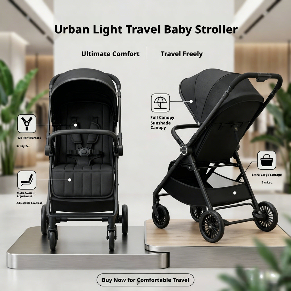 Foldable Lightweight Baby Stroller, Adjustable Canopy, Reclining Seat, Large Storage, Compact Travel Stroller for Airplane, Infa