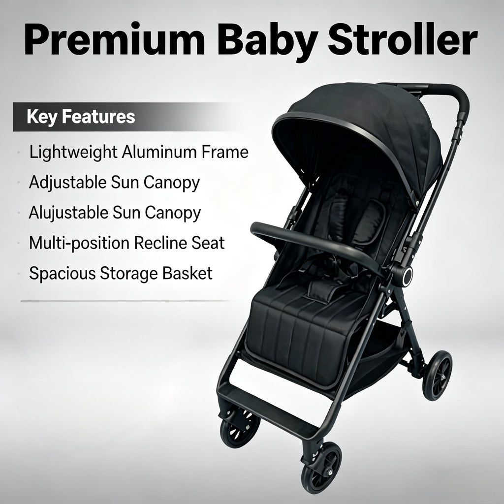 Foldable Lightweight Baby Stroller, Adjustable Canopy, Reclining Seat, Large Storage, Compact Travel Stroller for Airplane, Infa