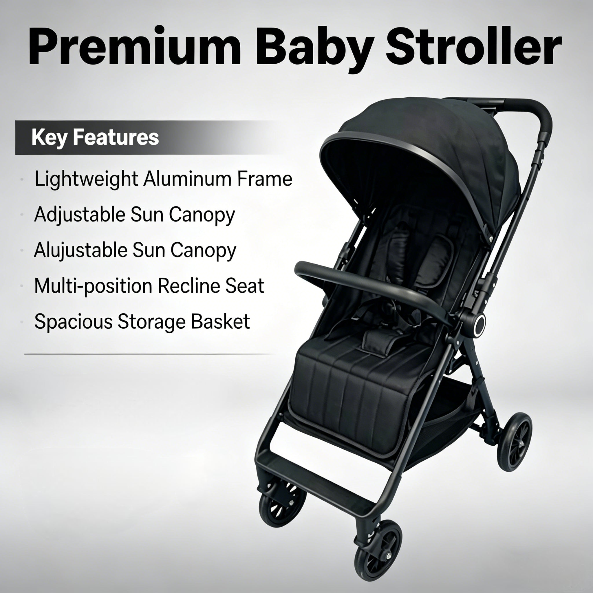 Foldable Lightweight Baby Stroller, Adjustable Canopy, Reclining Seat, Large Storage, Compact Travel Stroller for Airplane, Infa