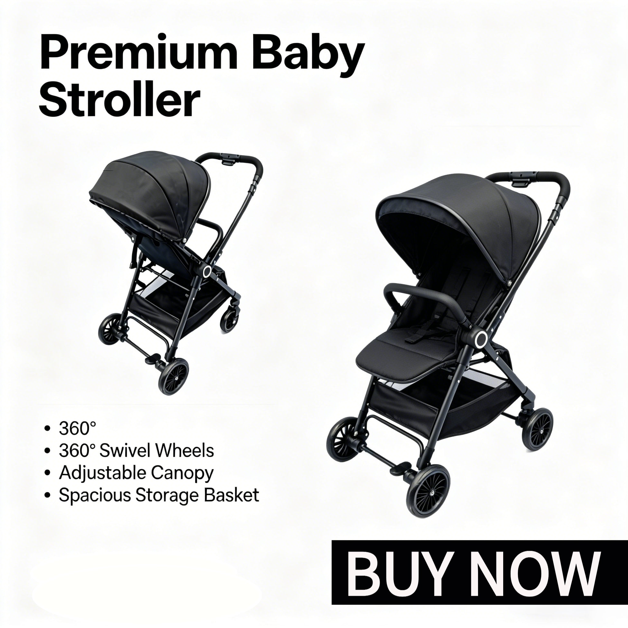 Foldable Lightweight Baby Stroller, Adjustable Canopy, Reclining Seat, Large Storage, Compact Travel Stroller for Airplane, Infa