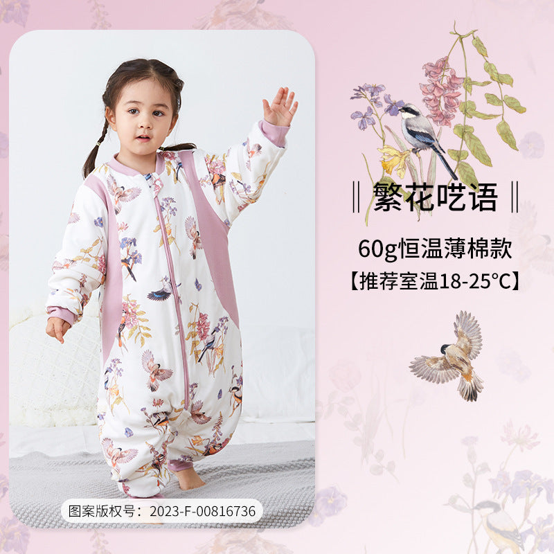 Quilted Children's Split-Leg Sleeping Bag Autumn Winter Pure Cotton Thickened One-Piece Infant Constant Temperature Baby Antibacterial Sleepwear A Class