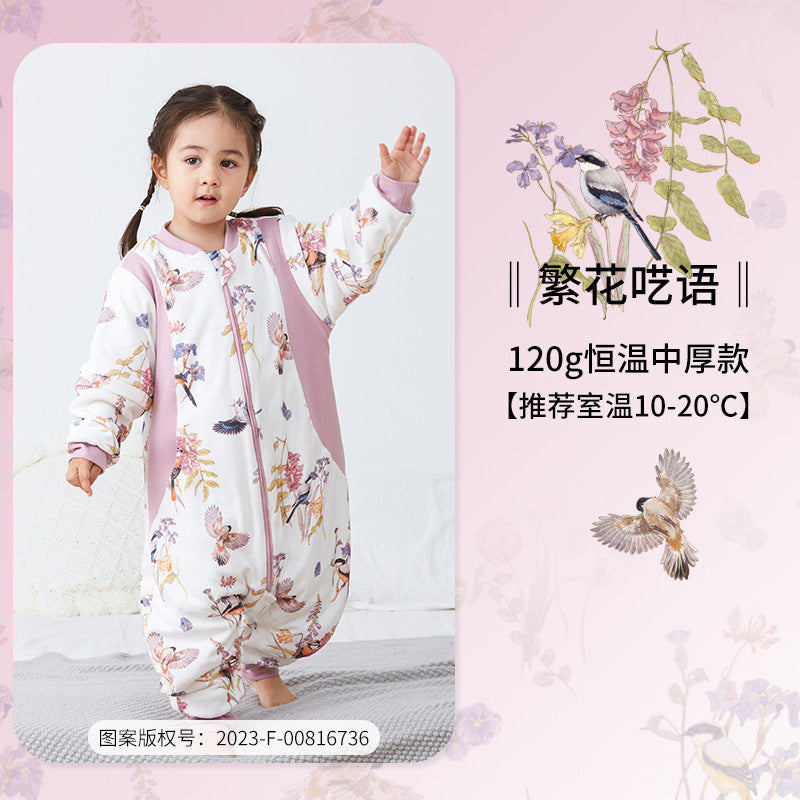 Quilted Children's Split-Leg Sleeping Bag Autumn Winter Pure Cotton Thickened One-Piece Infant Constant Temperature Baby Antibacterial Sleepwear A Class