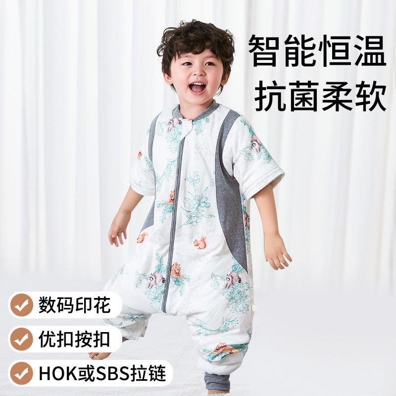 Quilted Children's Split-Leg Sleeping Bag Autumn Winter Pure Cotton Thickened One-Piece Infant Constant Temperature Baby Antibacterial Sleepwear A Class